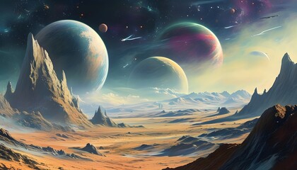 Wall Mural - A fantasy alien world, magnificent mountains and planetary background, and mysterious lakes shining.