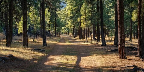 Sticker - Sunlit Path Through a Forest of Tall Pines