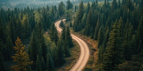 Sticker - Aerial View of a Winding Dirt Road Through a Lush Forest