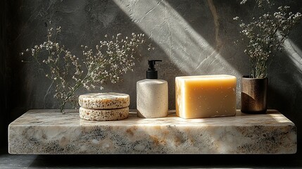 Poster - Natural Bath Products Arranged on a Marble Shelf