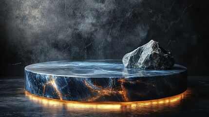 Poster - Illuminated Marble Platform with Stone on Dark Background