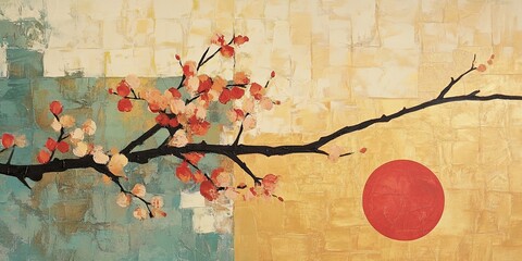 Canvas Print - Abstract Painting with Branch, Blossoms, and a Red Circle