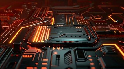 Poster - Glowing Orange Lines on a Black Circuit Board
