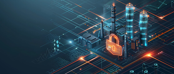 Digital Lock on Industrial Network, illustrating secure data transmission and cyber protection for factories.
