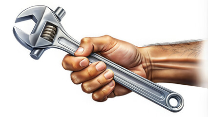 illustration hand holding an adjustable wrench on a white background, locksmith, installer, tool, professional equipment, master, repair, repairman, worker, builder, furniture assembler, plumber