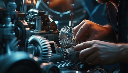 Poster - Close-up of a Mechanic's Hands Working on a Complex Machine