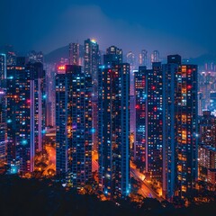 Sticker - Vibrant Evening Cityscape with Illuminated Skyscrapers and Colorful Lights Against a Deep Blue Sky