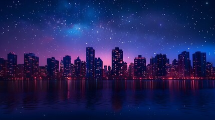 Wall Mural - Illuminated Urban Skyline Against Starry Night Sky with Soft Twilight Glow