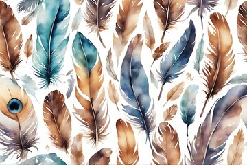 Wall Mural - drawn watercolour set boho watercolor hand feather style illustration design grain fly bird pen canvas element season ink texture colours colourful paper art artistic vintage image splash intensity