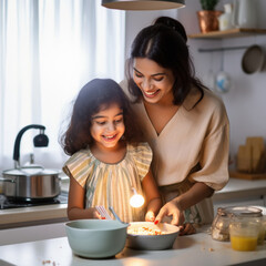 Wall Mural - Indian mom and small daughter cooking together happily.