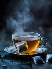 Wall Mural - Tea bags steeping in water, cup of hot tea, food photography