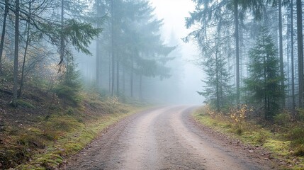 Sticker - A Foggy Forest Path Winding Through Tall Trees