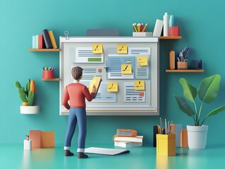 Poster - Man Working on Project with Sticky Notes on Wall.