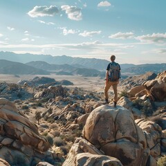 Poster - Lone Hiker Stands on Boulder Overlooking Vast Desert Landscape