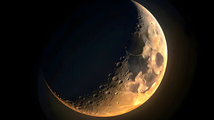 Wall Mural - Golden crescent moon, earthshine, cratered surface, dark sky, celestial beauty Luminous half-moon, earthlit glow, textured terrain, cosmic backdrop, serene atmosphere