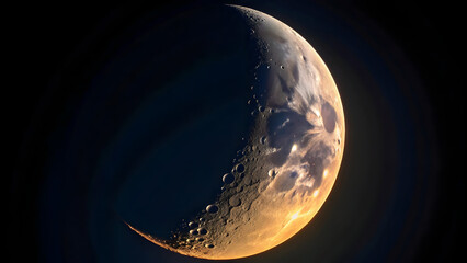 Wall Mural - Golden crescent moon, earthshine, cratered surface, dark sky, celestial beauty Luminous half-moon, earthlit glow, textured terrain, cosmic backdrop, serene atmosphere