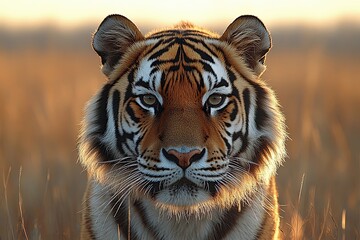 Poster - Close-up Portrait of a Tiger with Golden Sunlight Glowing on Its Fur