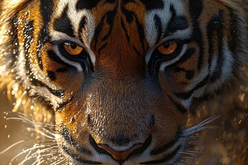 Wall Mural - Close-up Portrait of a Tiger's Face with Intense Golden Eyes