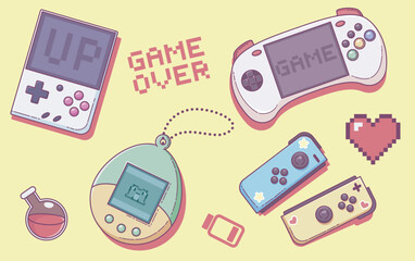 Aufkleber - Retro video gaming devices isolated on background. Contemporary vector cartoon illustration of vintage gadgets with display and buttons for playing 80s arcade game, gamepad console, computer joystick