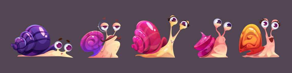 Cute snail characters set isolated on background. Vector cartoon illustration of slug emoji tired, with moustache, crazy smiling, whistling, girl with lips, mail delivery service mascots collection