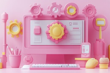 Poster - 3D Pink and Yellow Computer Workstation.