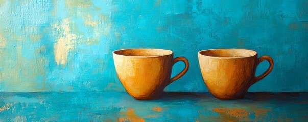 Poster - Two orange cups on a blue textured background, artistic still life. Vibrant home decor concept