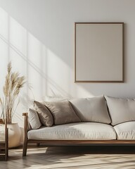 A modern and cozy living room setting featuring a neutral-toned sofa, decorative cushions, and minimalist decor under soft natural light, perfect for lifestyle and interior design concepts.  Mockup.