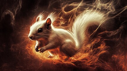 A squirrel with a ghostly aura and a spooky Halloween backdrop