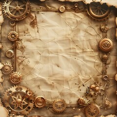 Wall Mural - Vintage Steampunk Frame with Gears and Clockwork Elements on Parchment Background Concept