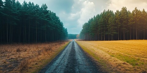 Sticker - A dirt road through a forest with contrasting light and shadows