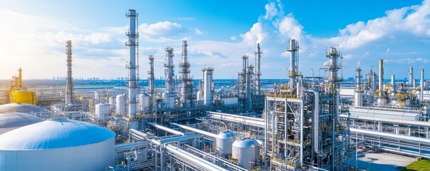 Aerial view of a sprawling chemical refinery complex, surrounded by tanks and pipelines, highlighting industrial infrastructure, chemical production, facility layout