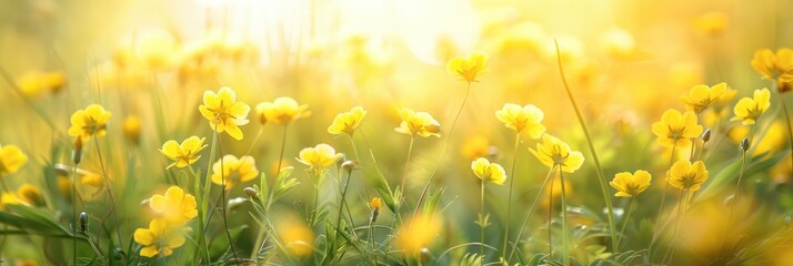 Poster - Yellow wildflowers blooming in a spring meadow Shallow focus