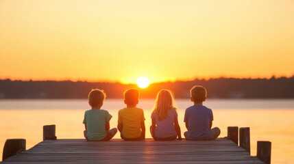 Children enjoy a tranquil moment watching the sunset reflect on the water