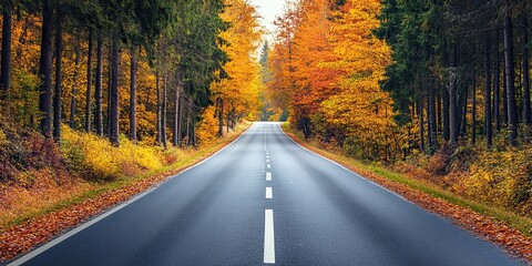 Sticker - A winding asphalt road through a forest with autumn foliage.