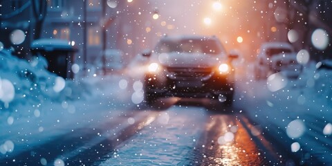 Poster - Snow covered car driving in winter storm