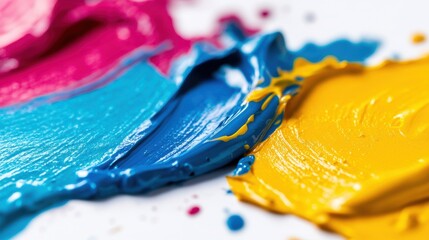 Poster - Bright and vibrant paint splashes form dynamic patterns on a smooth white surface