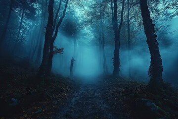 Wall Mural - A Silhouette of a Figure in a Foggy Forest Path