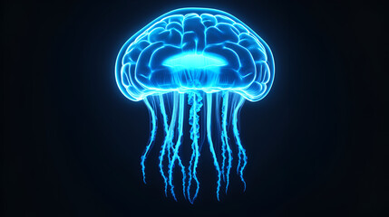 A neon blue digital illustration of a brain in the shape of a jellyfish against a dark background symbolizing artificial intelligence 3D Rendering