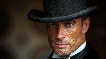 Man in a classic black top hat and formal attire, staring confidently at the camera.