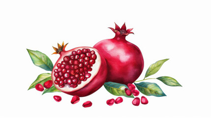 Wall Mural - Vibrant pomegranate fruit and lush leaves illustrated in watercolor, creating a fresh and appetizing focal point.