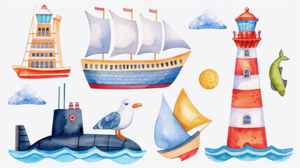 Poster - Delightful marinethemed watercolor illustrations featuring ships, seagulls, submarines, and lighthouses. Perfect for your project