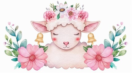 Sticker - Delightful watercolor sheep adorned with a bell, surrounded by a charming floral bouquet and a beautiful wreath.