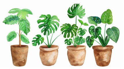 Wall Mural - Vibrant watercolor plants in pots showcase indoor and outdoor beauty. Ideal for invitations, cards, and stylish prints.