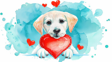 Poster - A cute dog wearing a red collar adorned with a heart, captured in a vibrant watercolor and gouache style.