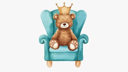 Sticker - Delightful watercolor bear art showcases a blue chair and crown, perfect for baby boy shower decor and unique gifts.