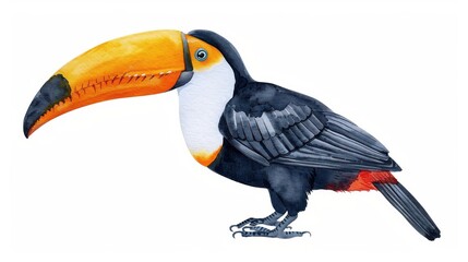 Poster - A vibrant watercolor illustration of a toucan, depicted on a crisp white background for striking contrast and visual appeal.