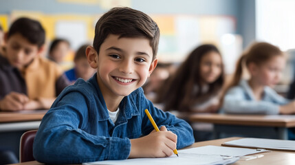 Wall Mural - _Smiling_schoolboy_writing_test_during