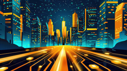 A vibrant 3D cityscape featuring futuristic microchips and circuits, all illuminated under a starry night sky.