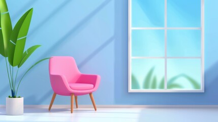 Poster - Cozy pink armchair by the window, overlooking a lush garden in a charming cartoonstyle illustration.