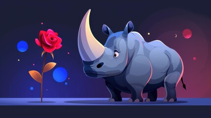 Poster - A playful rhino dons a flower crown and boasts a rose on its tusk, set against a vibrant blue and pink backdrop.